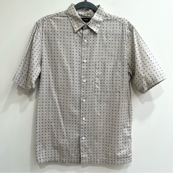 Theory Shirt Mens Bruner Dot Print Beige Gray Stretch Cotton Button Up Small EUC - Picture 2 of 9